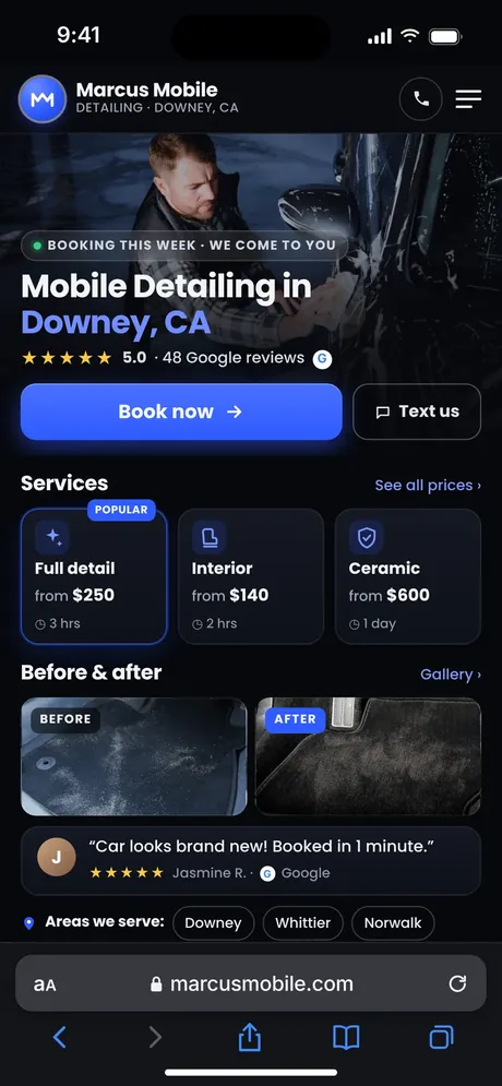 Demo booking site for a Tampa Bay mobile detailer with rain policy and reschedule button
